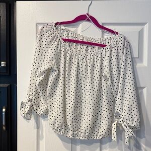 Have Off-Shoulder Blouse with Black polka dots and ties on sleeve